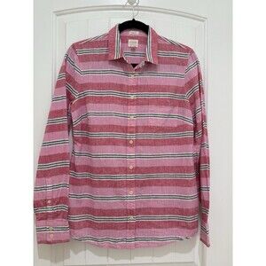J Crew Button Shirt Womens Sz 6 Striped Perfect Fit Linen Blend Work Top Resort